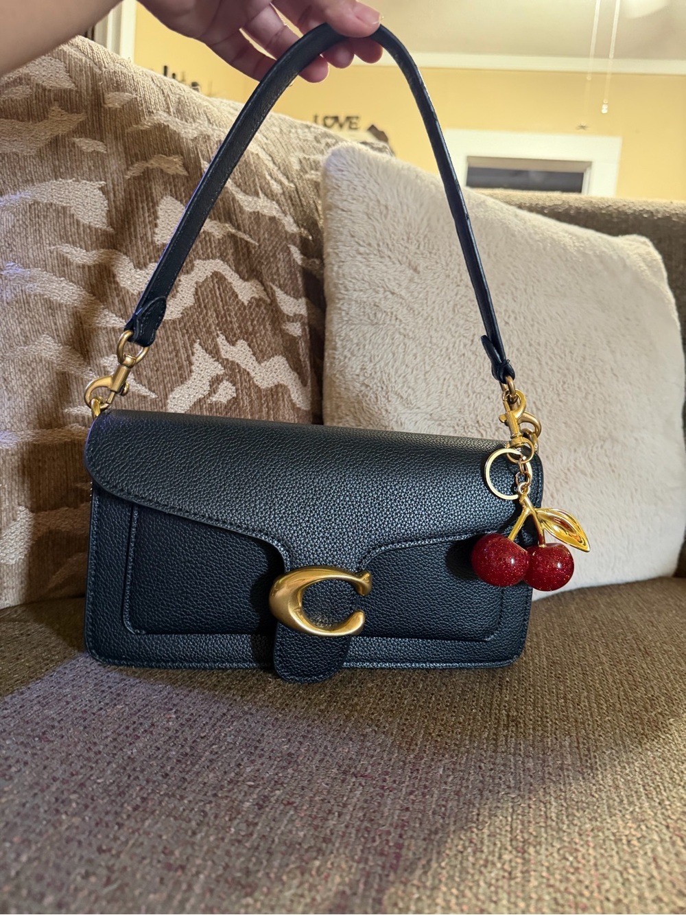 Black Leather Shoulder Bag with Gold Hardware Cherries not included